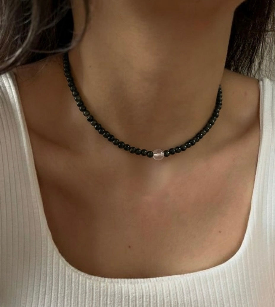 Collar Gargantilla Obsidiana y Cuarzo Blanco | Protección y Claridad