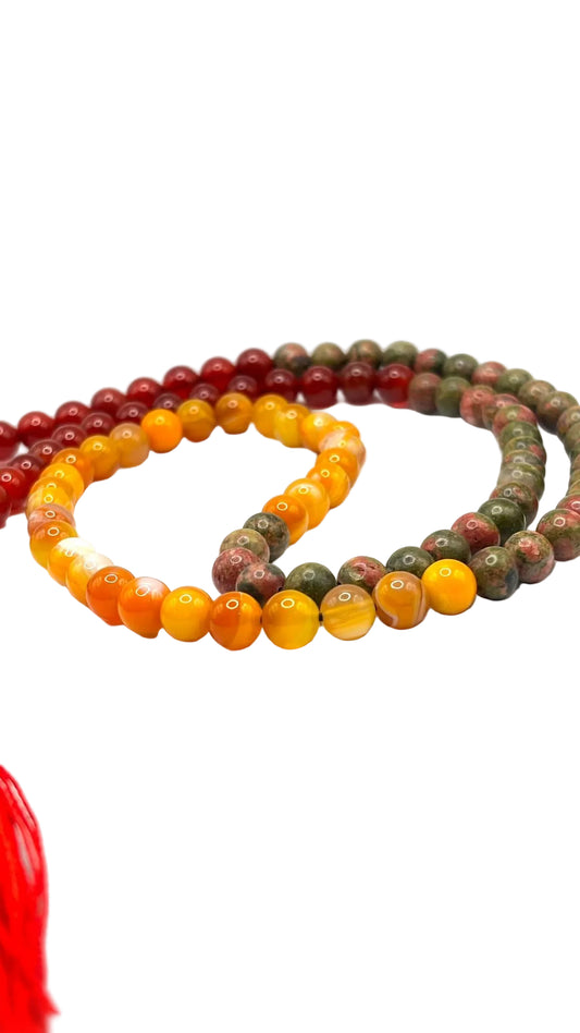 Japa Mala Cornalina, Ágata Amarilla y Unakita | Energía y Equilibrio