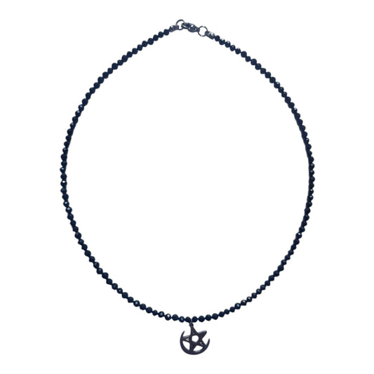 Collar Gargantilla Turmalina Negra con Luna Pentagrama | Protección