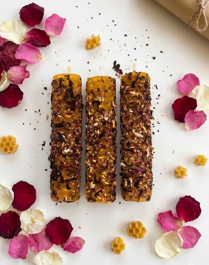 Pack de 3 Velas Ritualizadas de Cera de Abeja con Flores Naturales – 10 cm