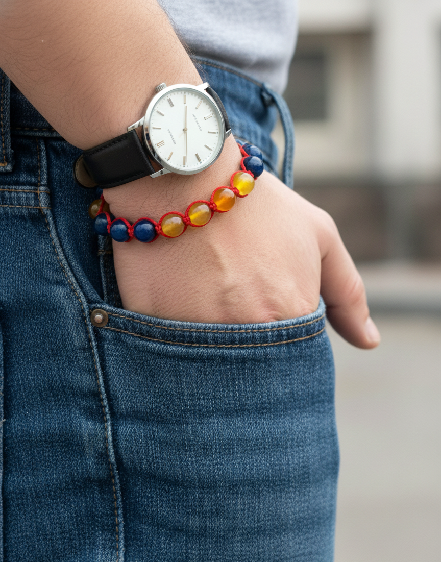 Pulsera Tricolor de Ágata Amarilla, Ágata Azul y Coral Rojo – Energía y Equilibrio