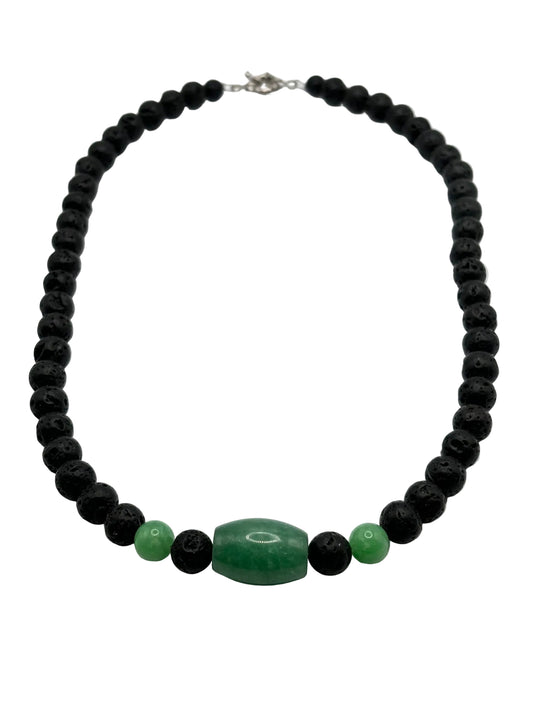Collar Jade Verde y Piedra Volcánica | Prosperidad y Protección