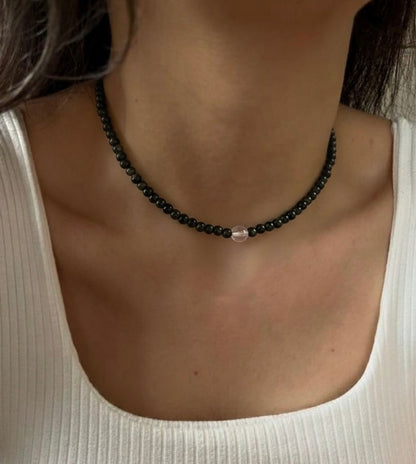 Collar Gargantilla Obsidiana y Cuarzo Blanco | Protección y Claridad