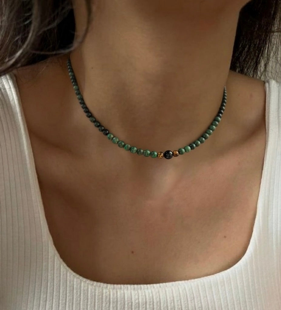 Gargantilla de Ónix, Malaquita y Ojo de Tigre – Protección y Bienestar Energético