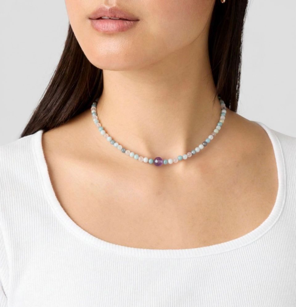 Gargantilla de Amazonita, Cuarzo Rosa y Amatista – Armonía Emocional, Amor y Calma Interior