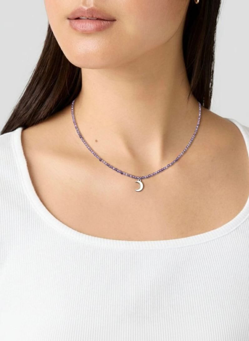Gargantilla de Amatista Facetada 2 mm con Luna – Intuición y Energía Femenina