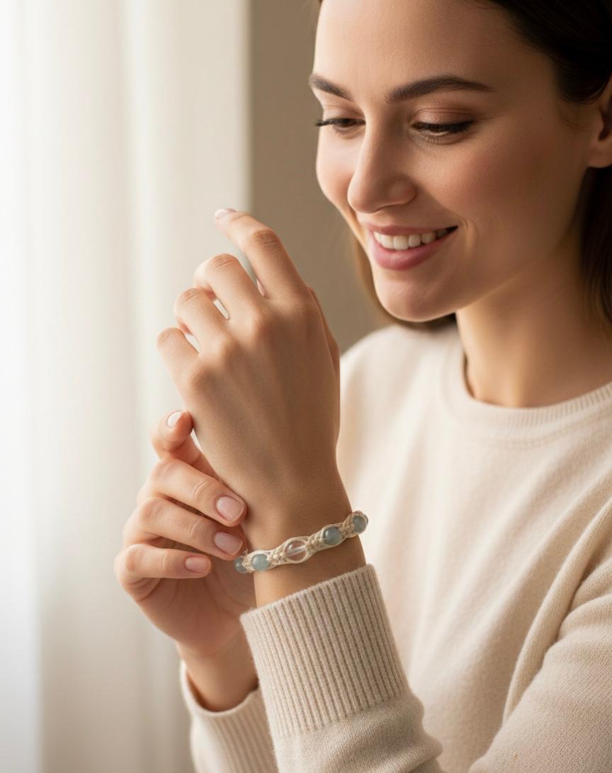 Pulsera de Aguamarina 8mm con Cuarzo Blanco – Calma y Claridad