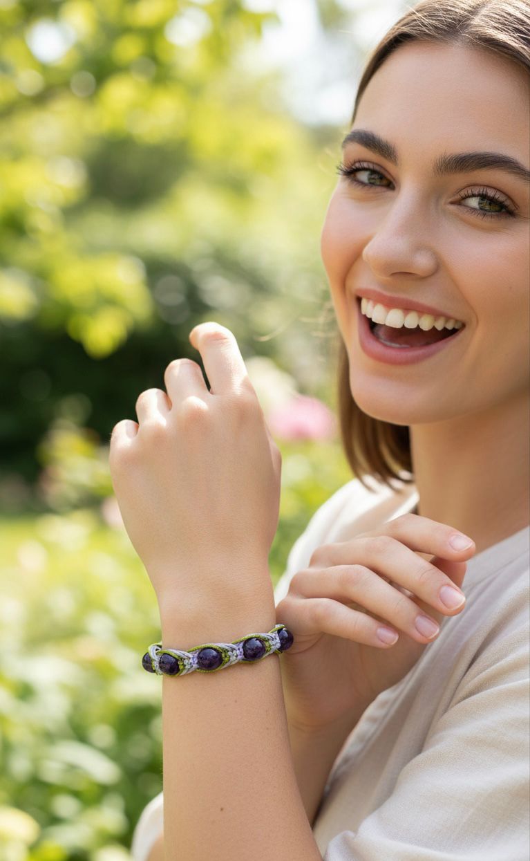 Pulsera de Amatista 8mm con Macramé Verde Gris y Lila – Equilibrio y Protección