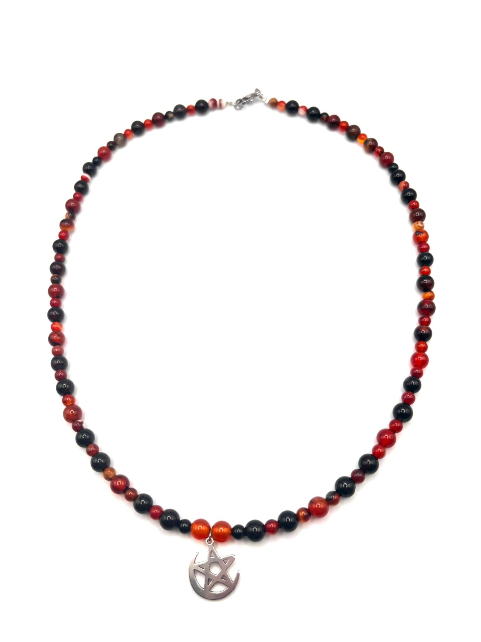 Collar de Ágata Fuego para Hombre con Luna y Estrella – Fuerza y Protección