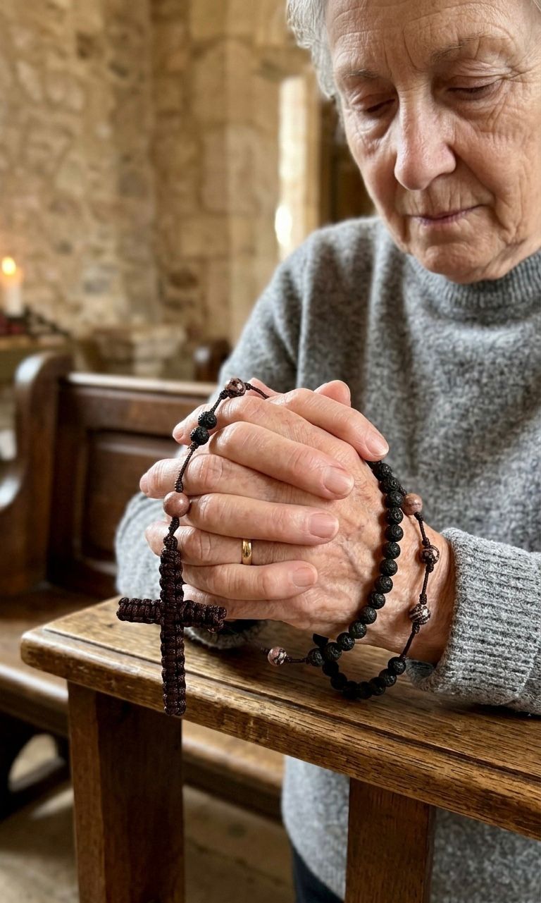 Rosario de Piedra Volcánica y Rodonita con Cruz en Macramé – Protección y Sanación