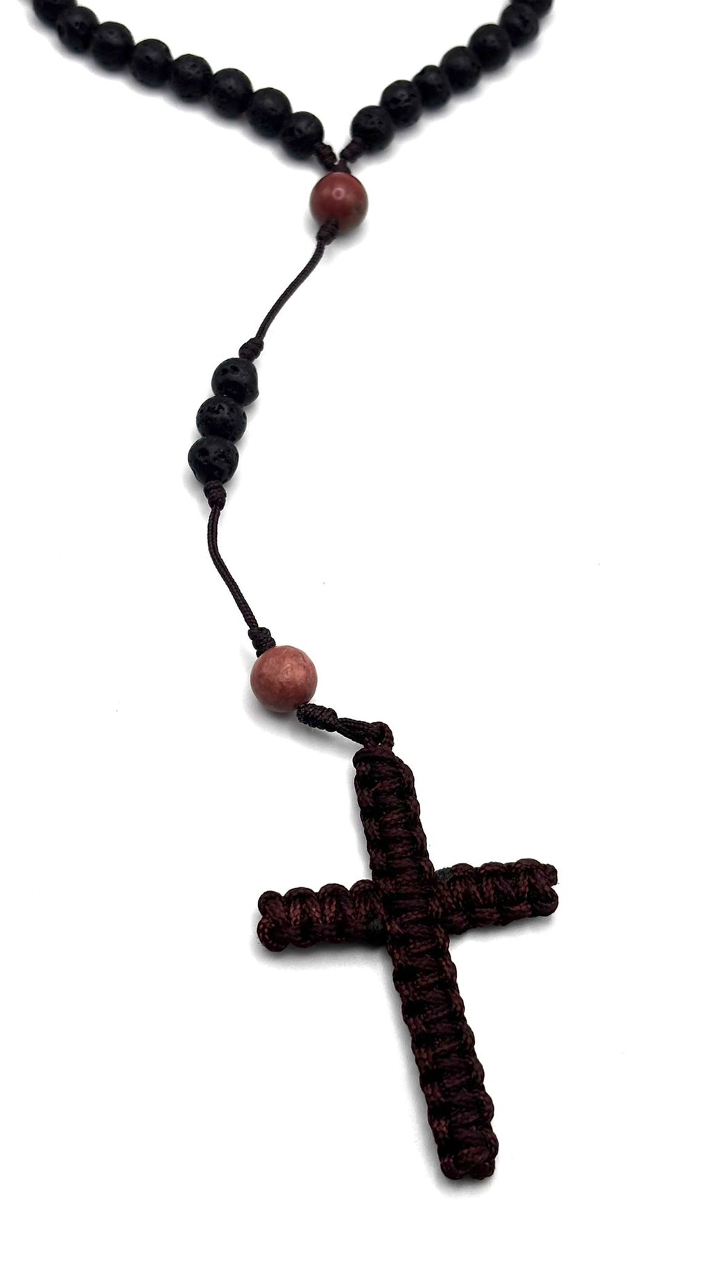 Rosario de Piedra Volcánica y Rodonita con Cruz en Macramé – Protección y Sanación