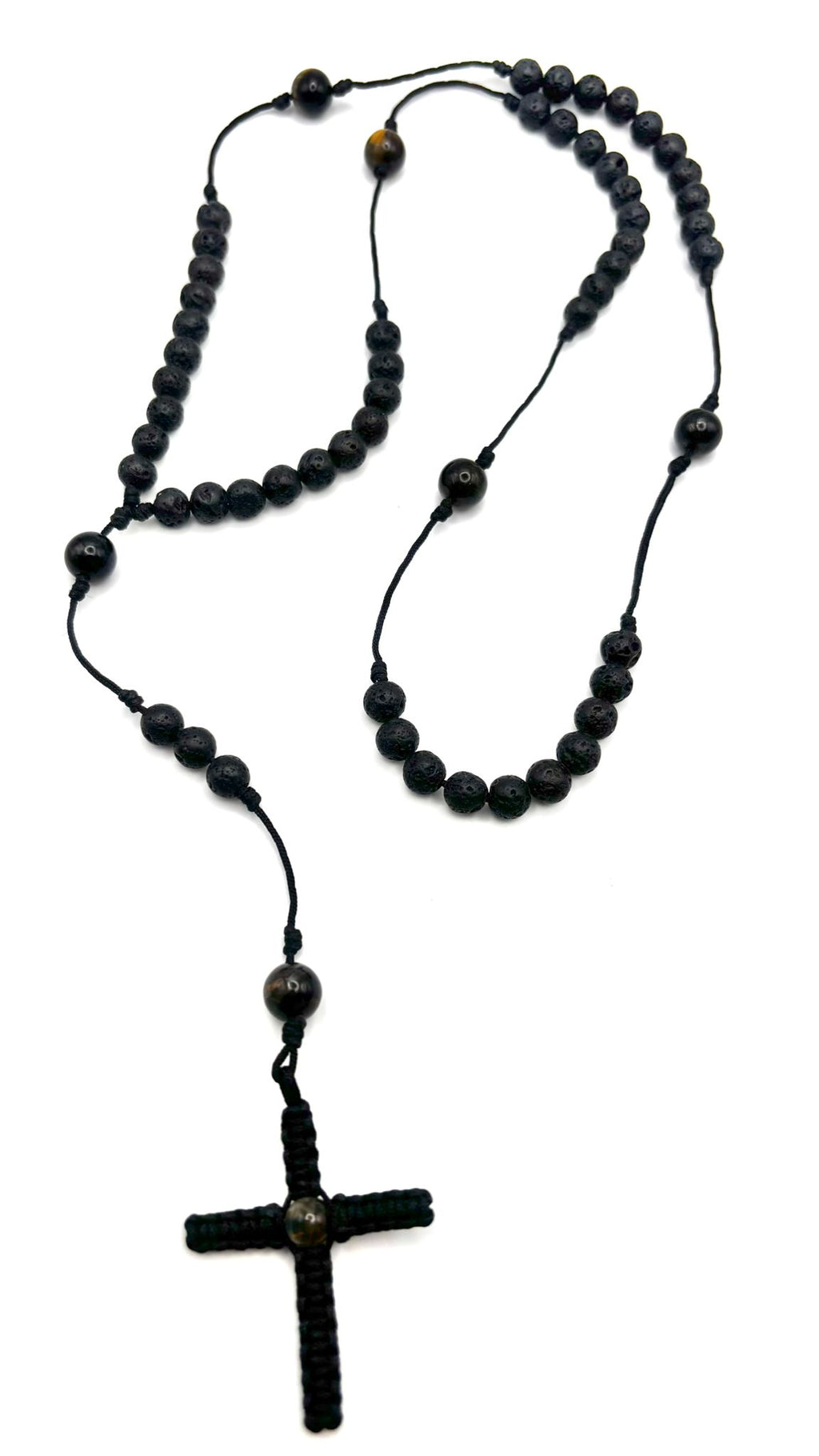 Rosario de Piedra Volcánica y Ojo de Halcón con Cruz en Macramé – Protección y Claridad