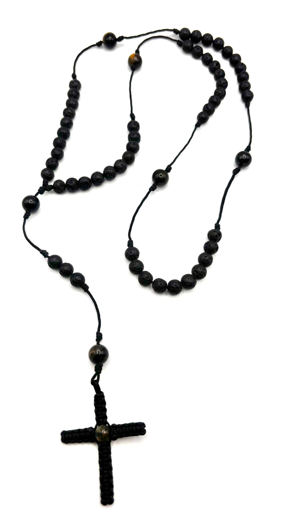 Rosario de Piedra Volcánica y Ojo de Halcón con Cruz en Macramé – Protección y Claridad