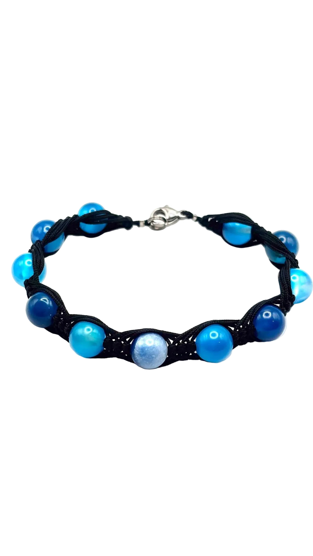 Pulsera de Ágata Azul 8 mm con Macramé Negro – Calma, Protección y Equilibrio