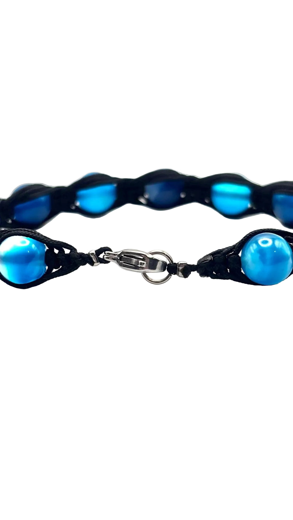 Pulsera de Ágata Azul 8 mm con Macramé Negro – Calma, Protección y Equilibrio