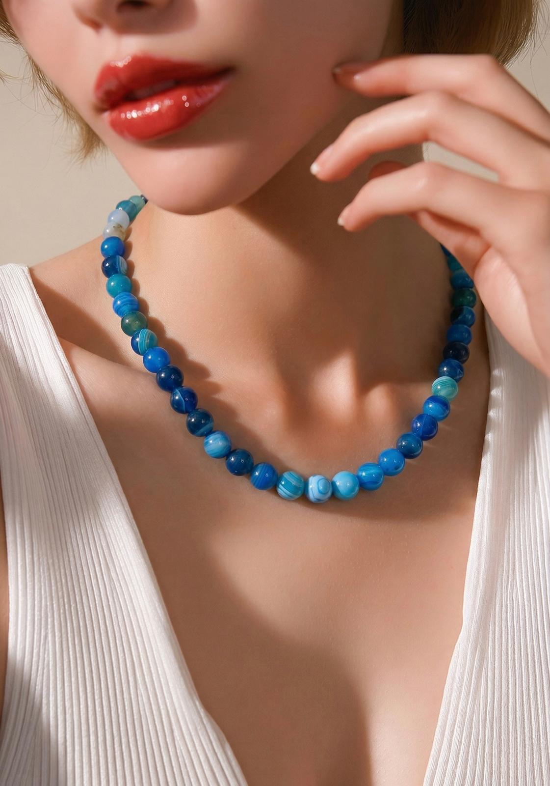 Collar de Ágata Azul 10 mm – Calma, Equilibrio y Elegancia Natural