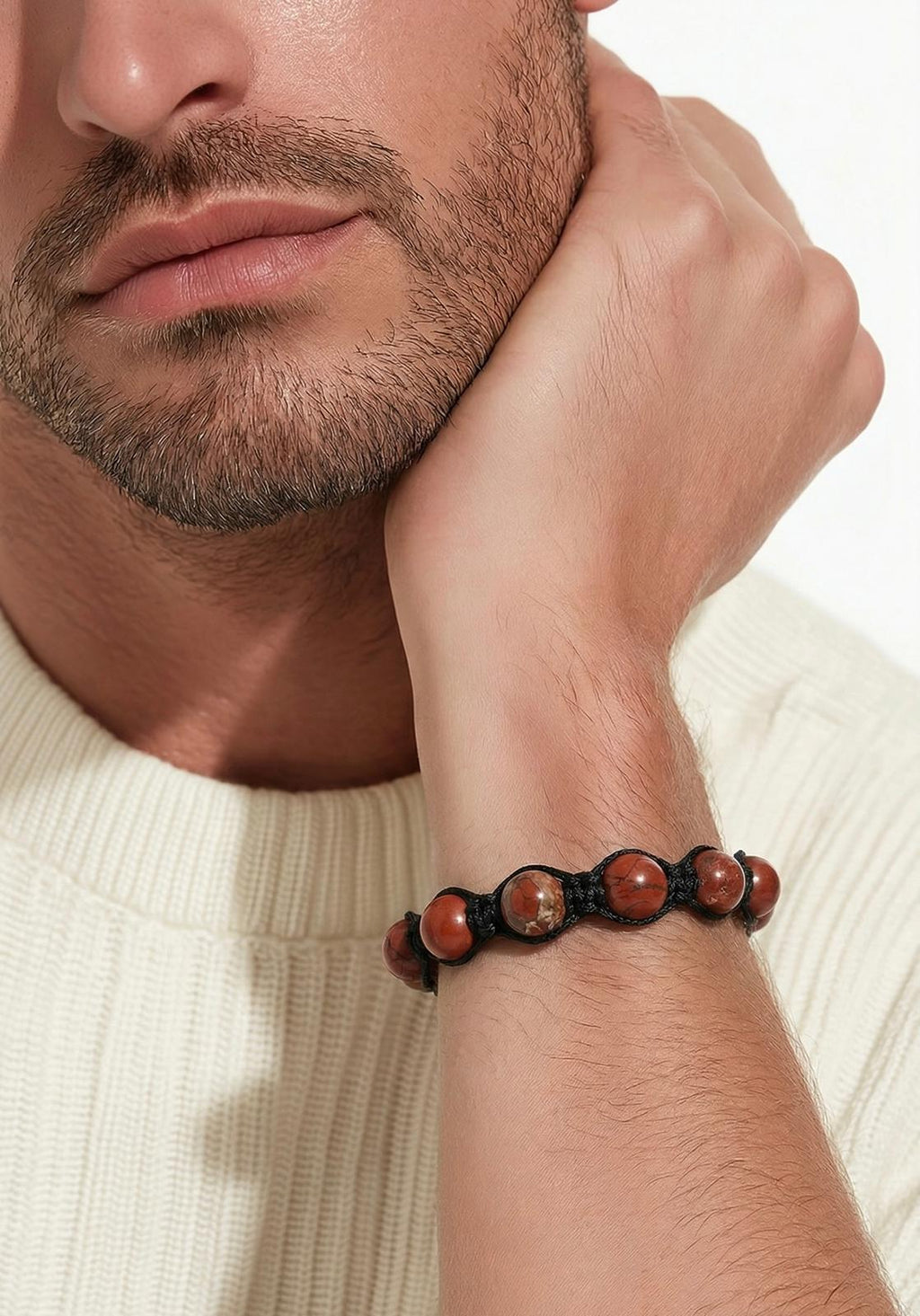 Pulsera de Jaspe Rojo 8 mm con Tejido Trenzado y Broche de Acero Inoxidable Ajustable