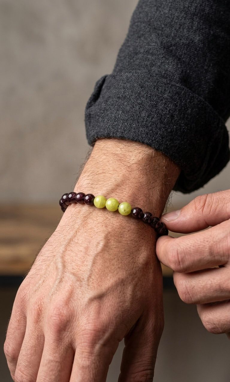 Pulsera de Granate 7 mm con Jade Verde Central 8 mm y Broche de Acero Inoxidable Ajustable