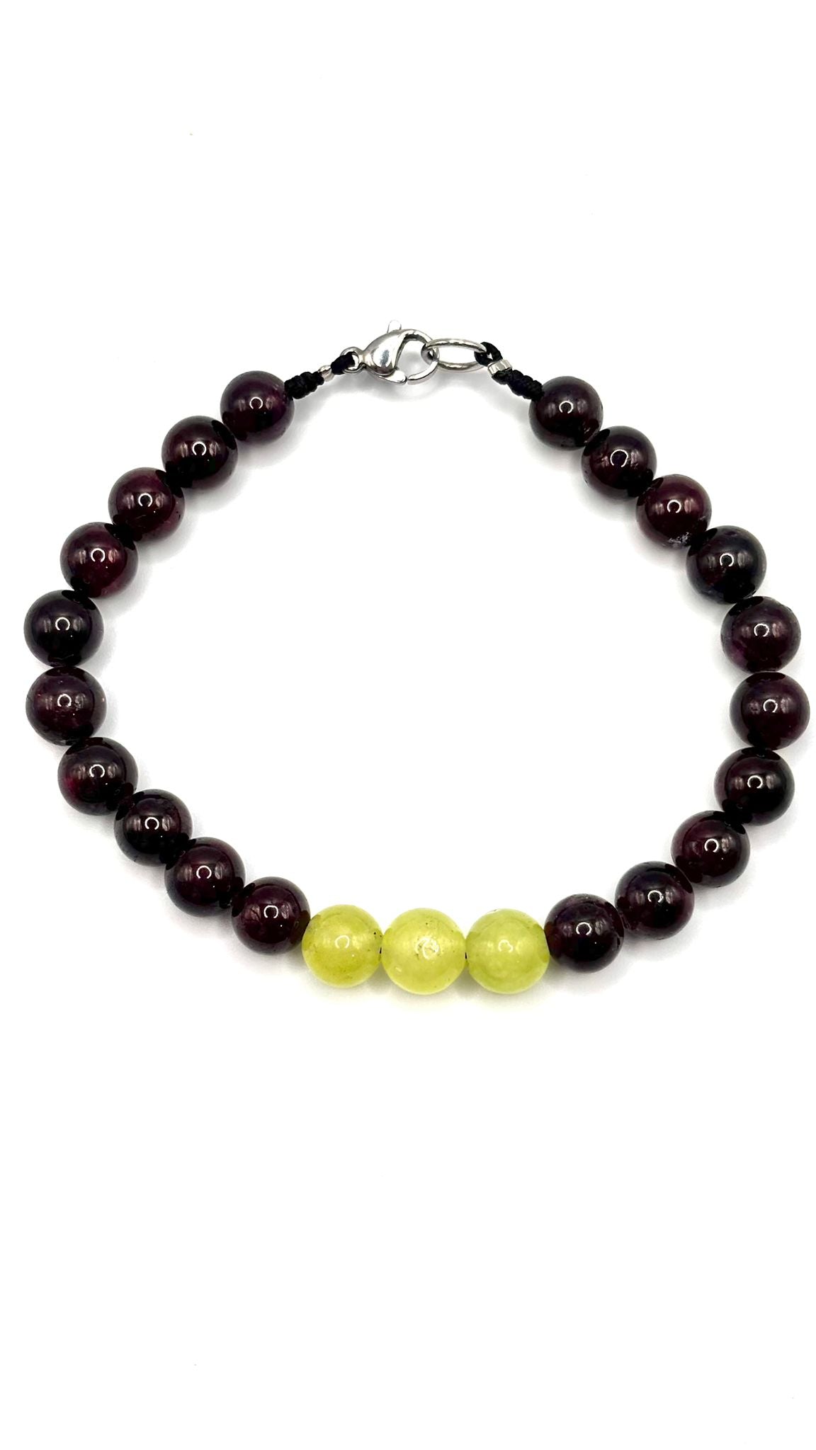 Pulsera de Granate 7 mm con Jade Verde Central 8 mm y Broche de Acero Inoxidable Ajustable