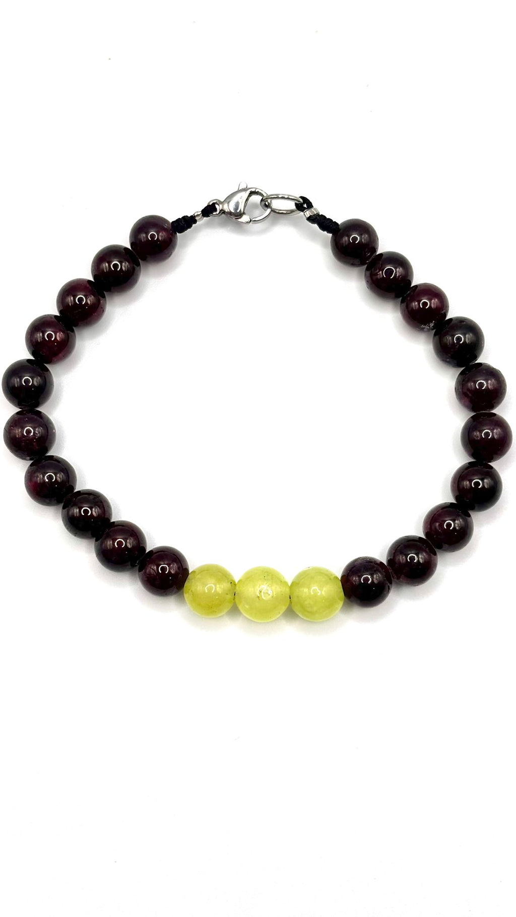 Pulsera de Granate 7 mm con Jade Verde Central 8 mm y Broche de Acero Inoxidable Ajustable