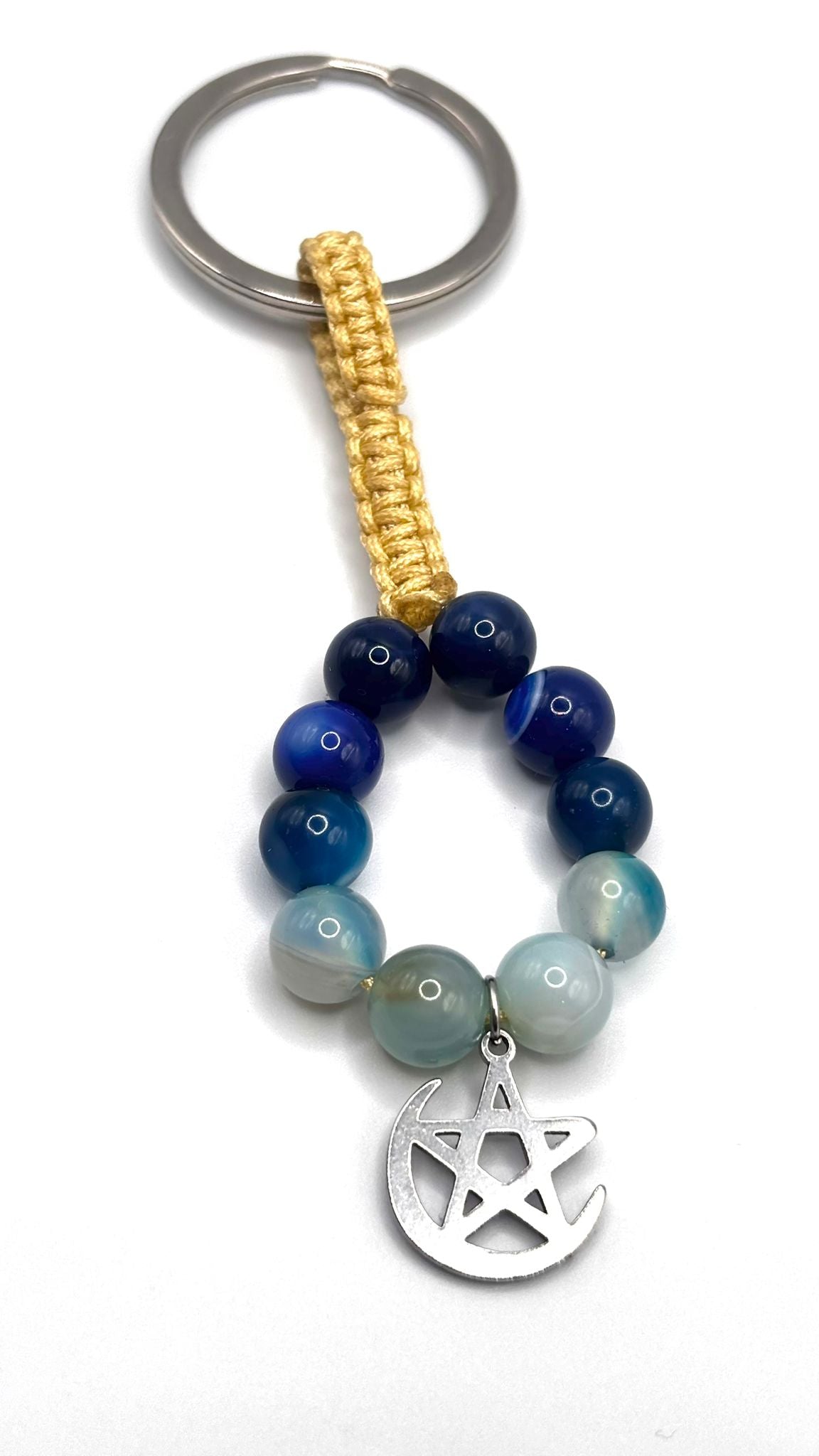 Llavero de Ágata Azul con Colgante de Estrella y Luna