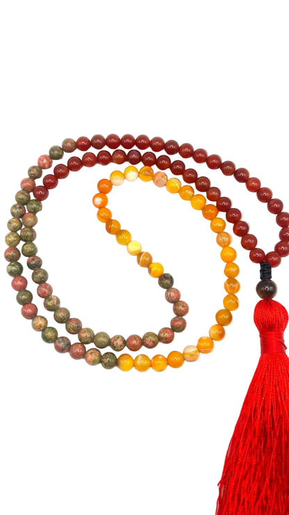 Japa Mala Cornalina, Ágata Amarilla y Unakita | Energía y Equilibrio