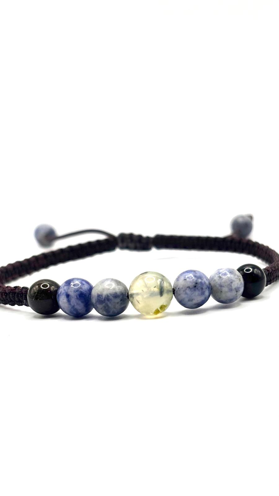 Pulsera de Sodalita, Prehnita y Obsidiana con Macramé Ajustable – Pulsera Energética