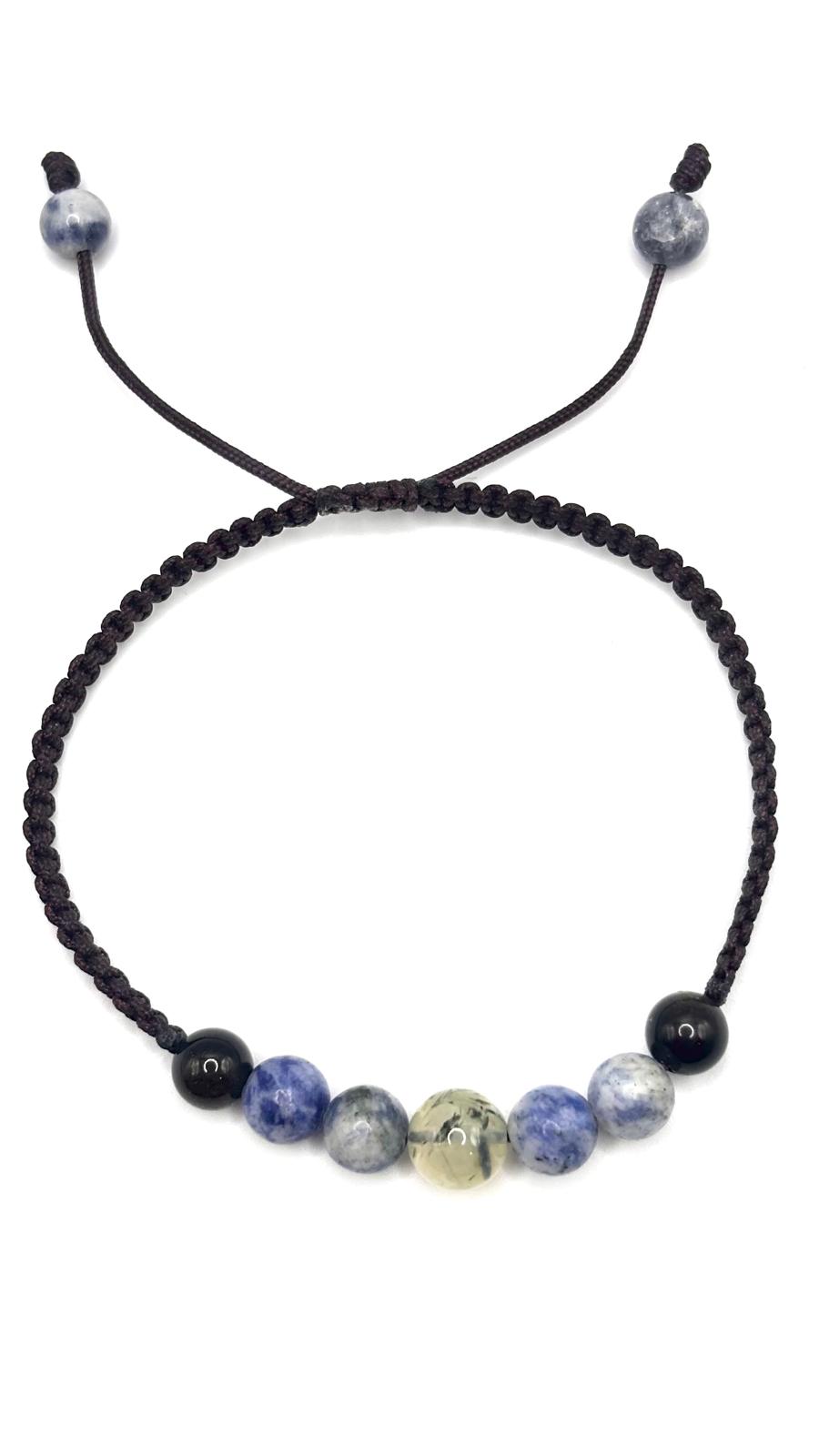Pulsera de Sodalita, Prehnita y Obsidiana con Macramé Ajustable – Pulsera Energética