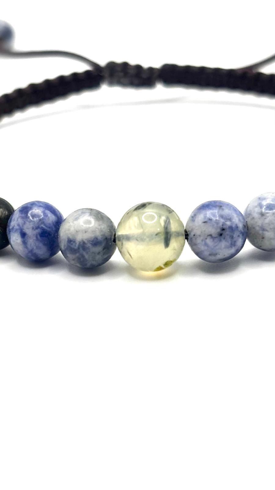Pulsera de Sodalita, Prehnita y Obsidiana con Macramé Ajustable – Pulsera Energética
