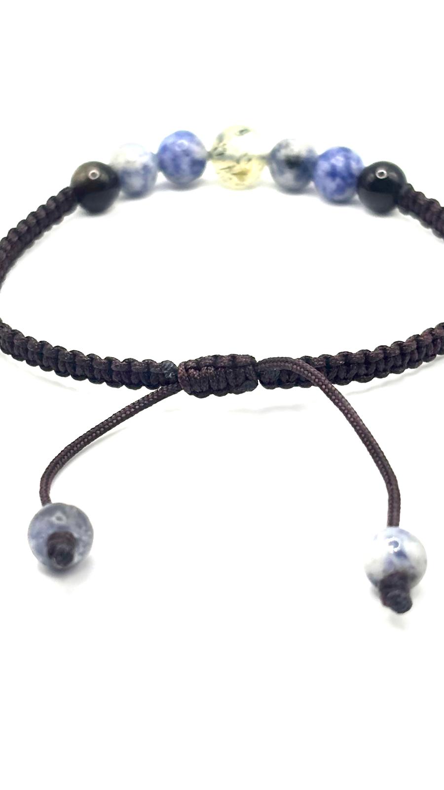 Pulsera de Sodalita, Prehnita y Obsidiana con Macramé Ajustable – Pulsera Energética