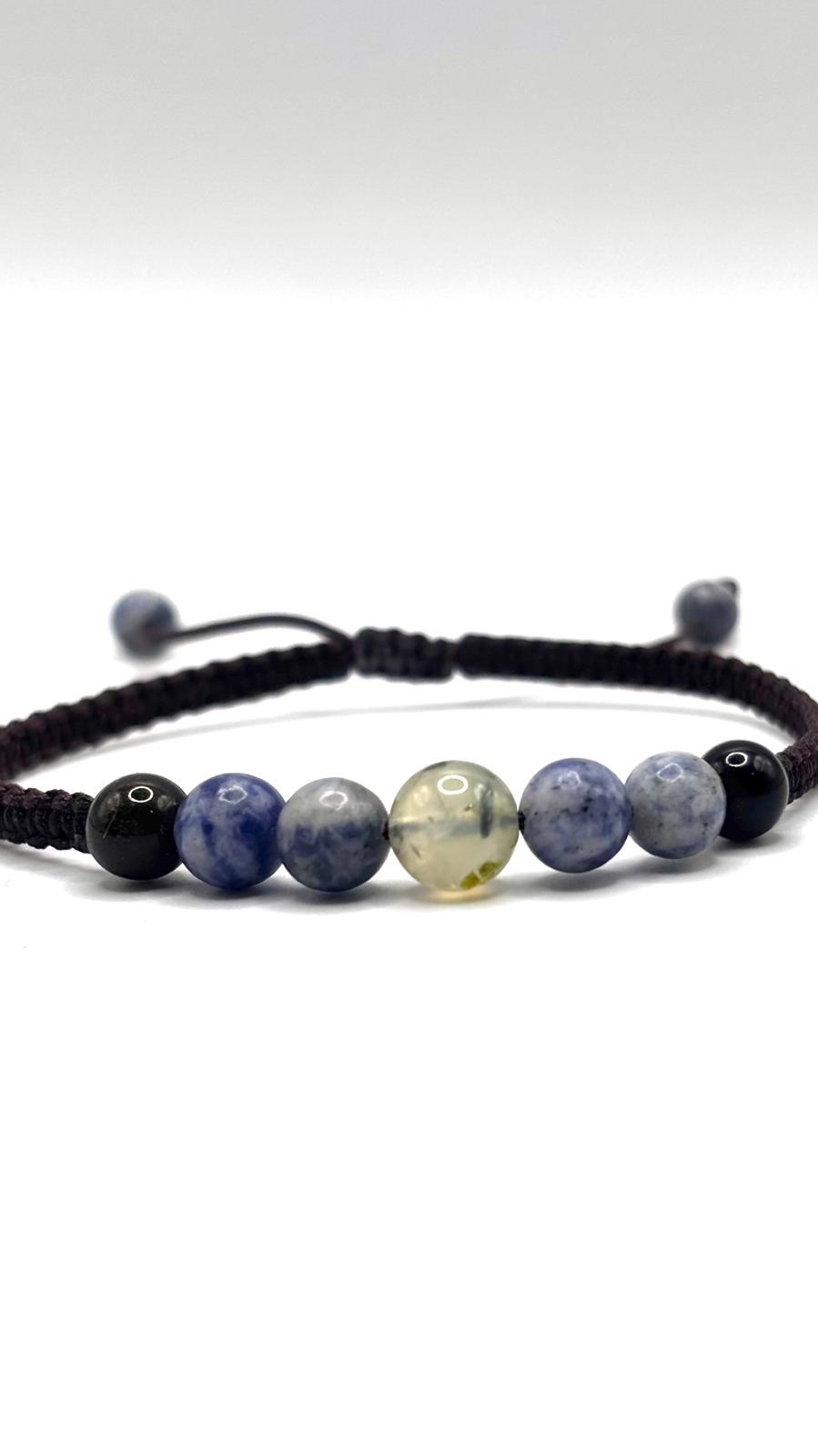 Pulsera de Sodalita, Prehnita y Obsidiana con Macramé Ajustable – Pulsera Energética