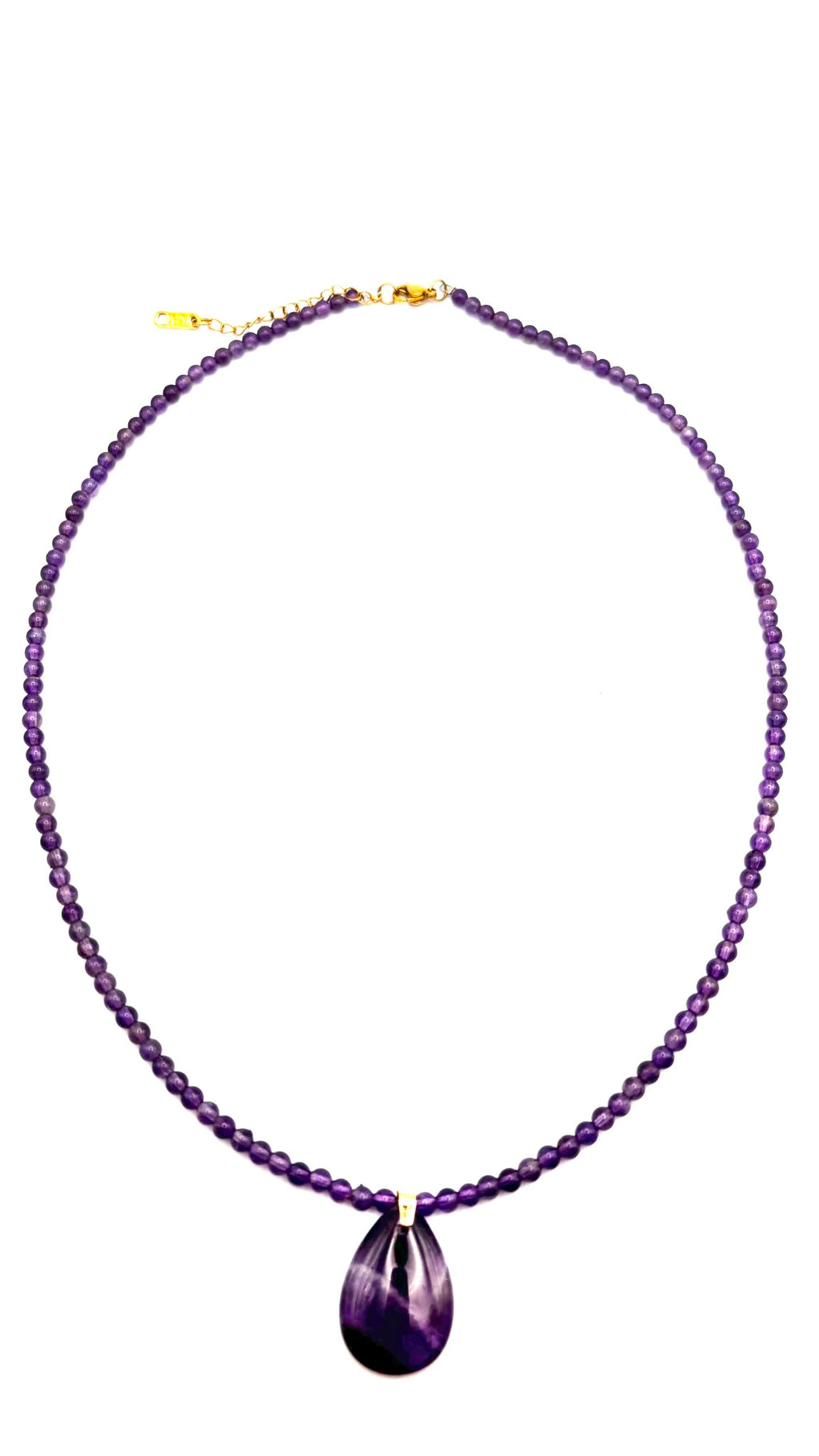 Collar de Amatista Natural 4 mm con Colgante Lágrima y Acero Inoxidable Dorado – 55 cm