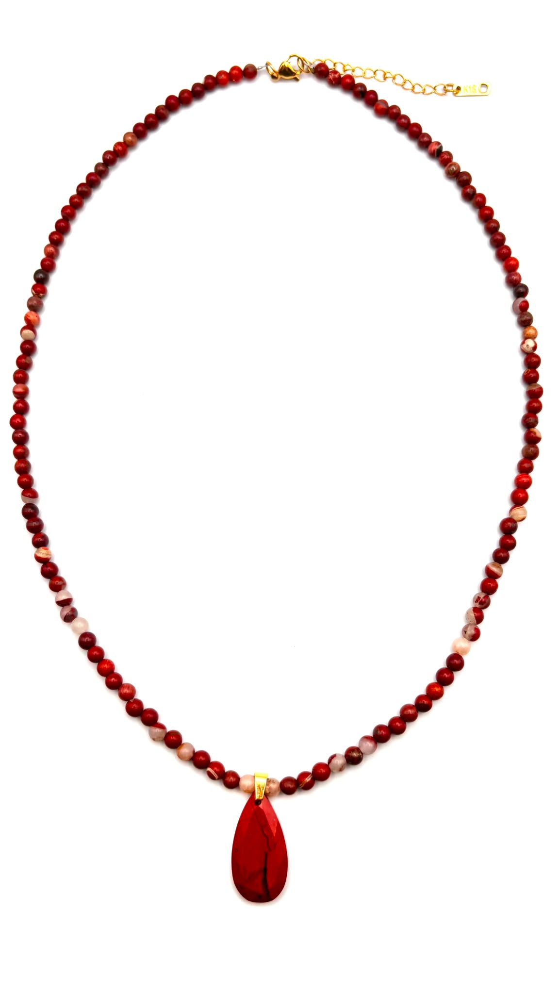 Collar de Jaspe Rojo Natural 4 mm con Colgante Central y Acero Inoxidable Dorado – 55 cm