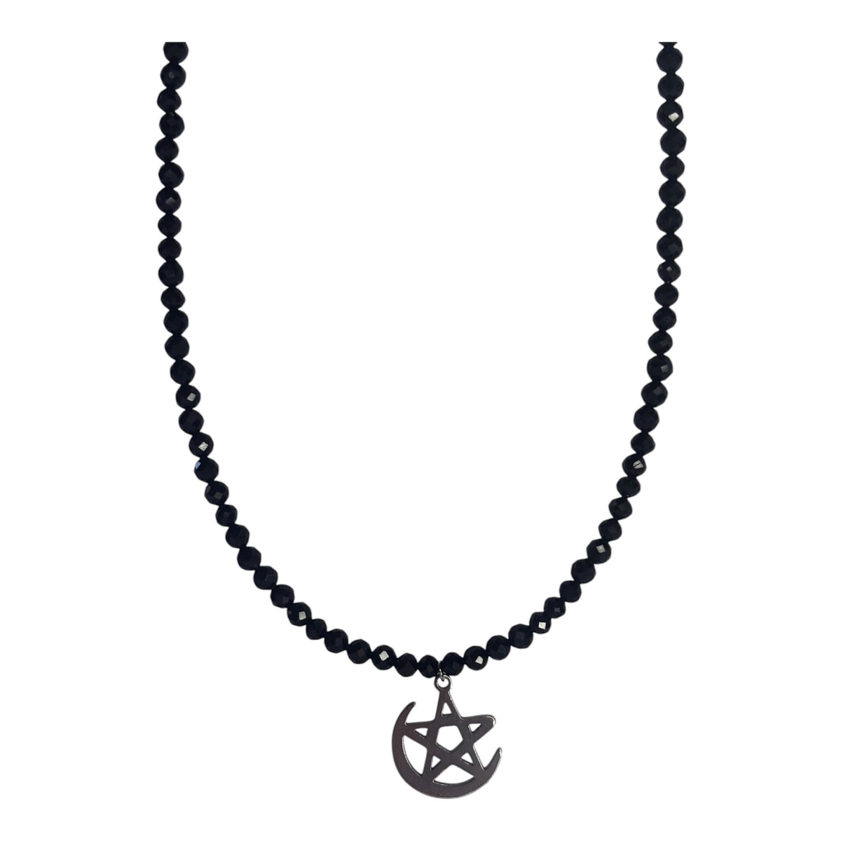 Collar Gargantilla Turmalina Negra con Luna Pentagrama | Protección