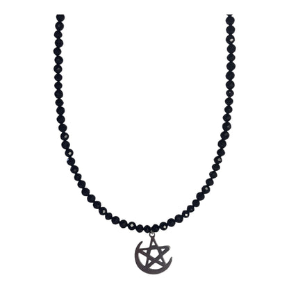 Collar Gargantilla Turmalina Negra con Luna Pentagrama | Protección