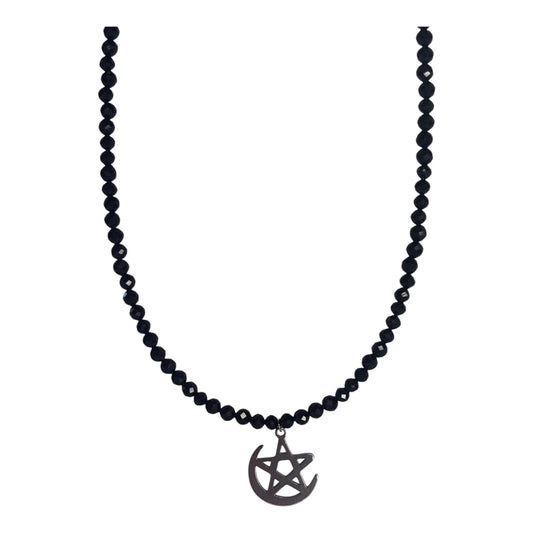 Collar Gargantilla Turmalina Negra con Luna Pentagrama | Protección