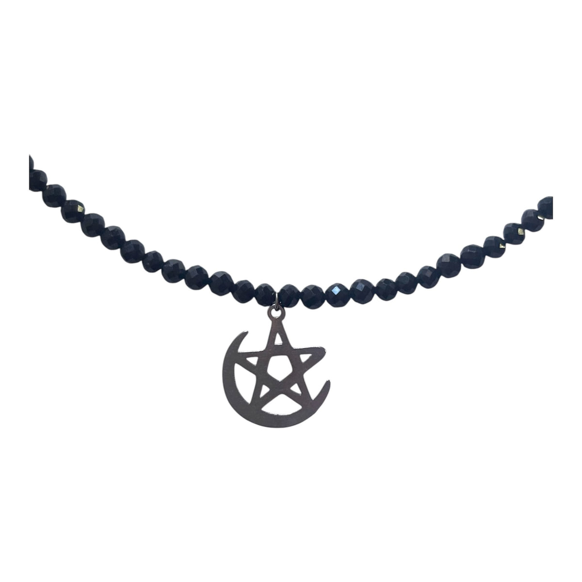 Collar Gargantilla Turmalina Negra con Luna Pentagrama | Protección