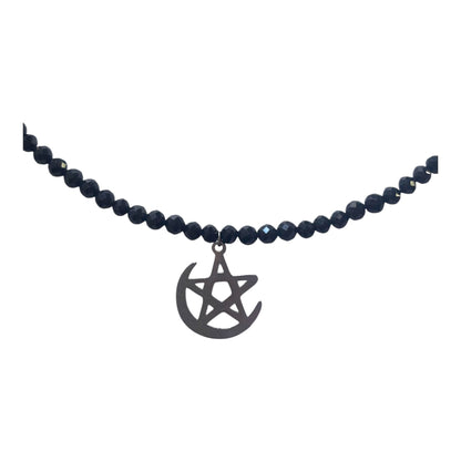 Collar Gargantilla Turmalina Negra con Luna Pentagrama | Protección