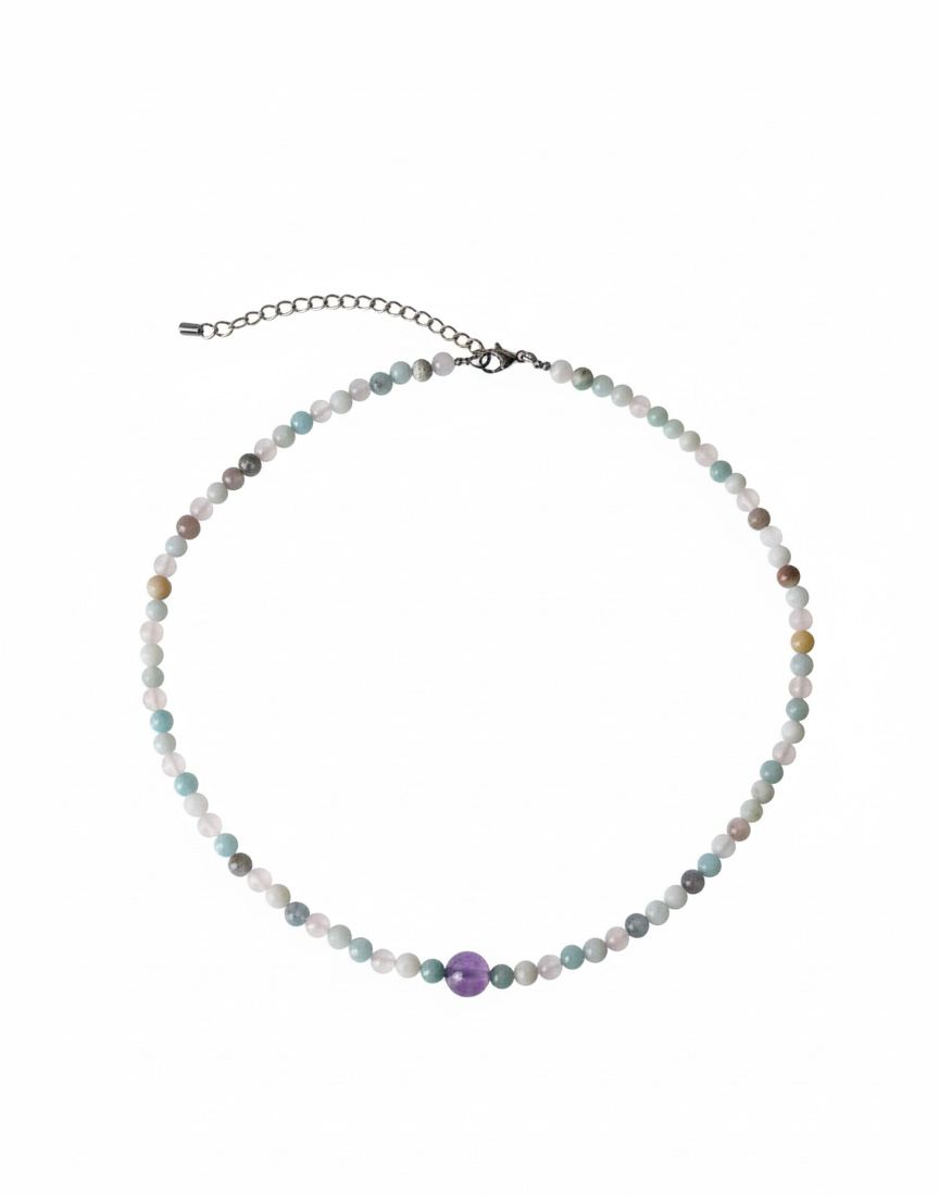 Gargantilla de Amazonita, Cuarzo Rosa y Amatista – Armonía Emocional, Amor y Calma Interior