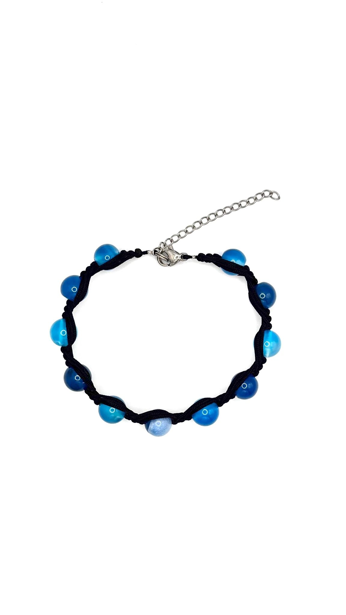 Pulsera de Ágata Azul 8 mm con Macramé Negro – Calma, Protección y Equilibrio