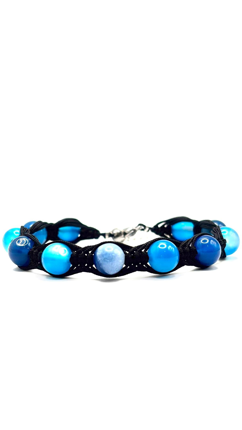 Pulsera de Ágata Azul 8 mm con Macramé Negro – Calma, Protección y Equilibrio