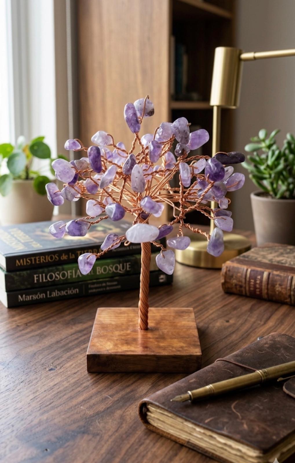 Árbol de la Vida con Minerales Naturales y Base de Madera – 14 cm