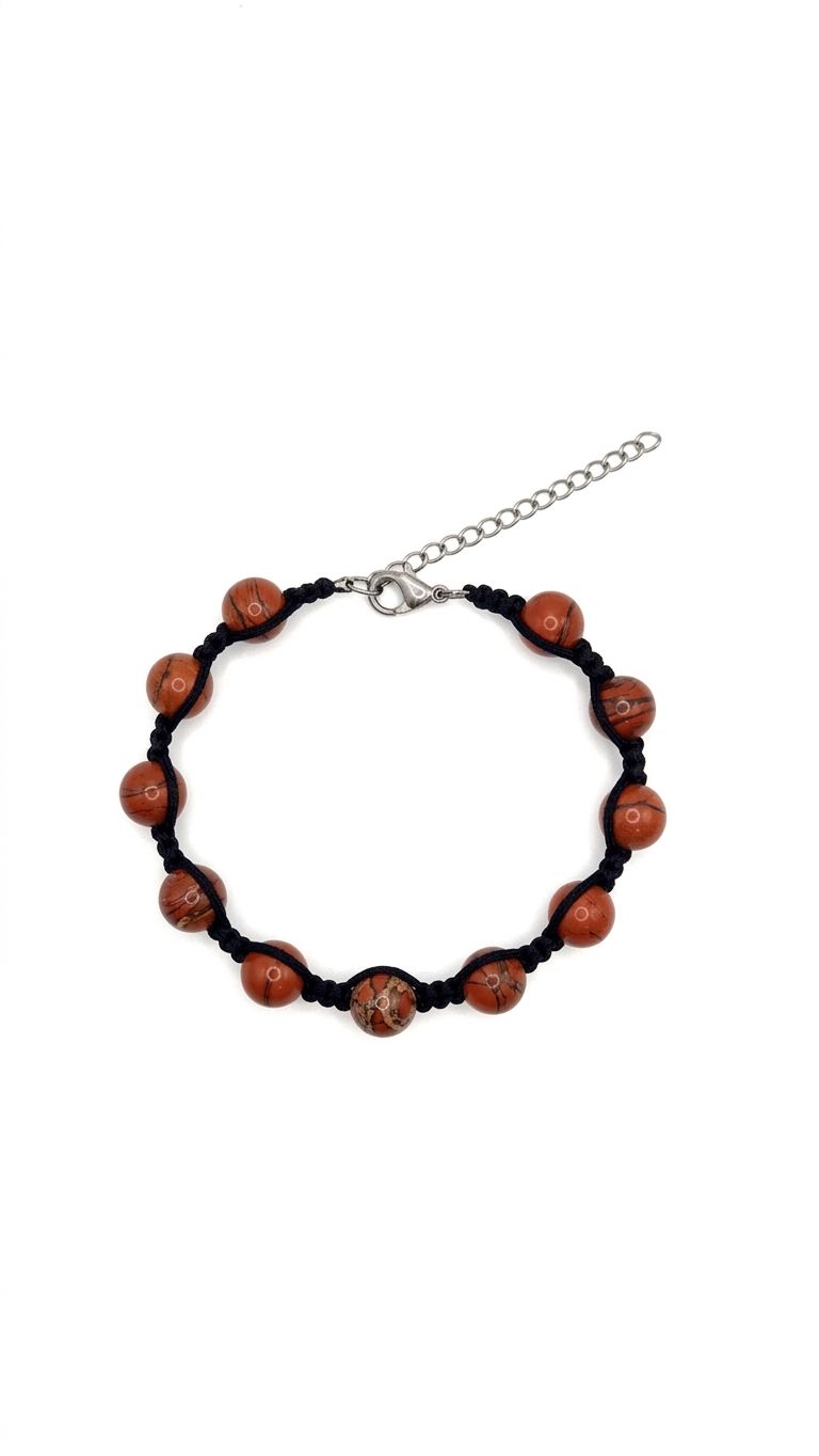 Pulsera de Jaspe Rojo 8 mm con Tejido Trenzado y Broche de Acero Inoxidable Ajustable