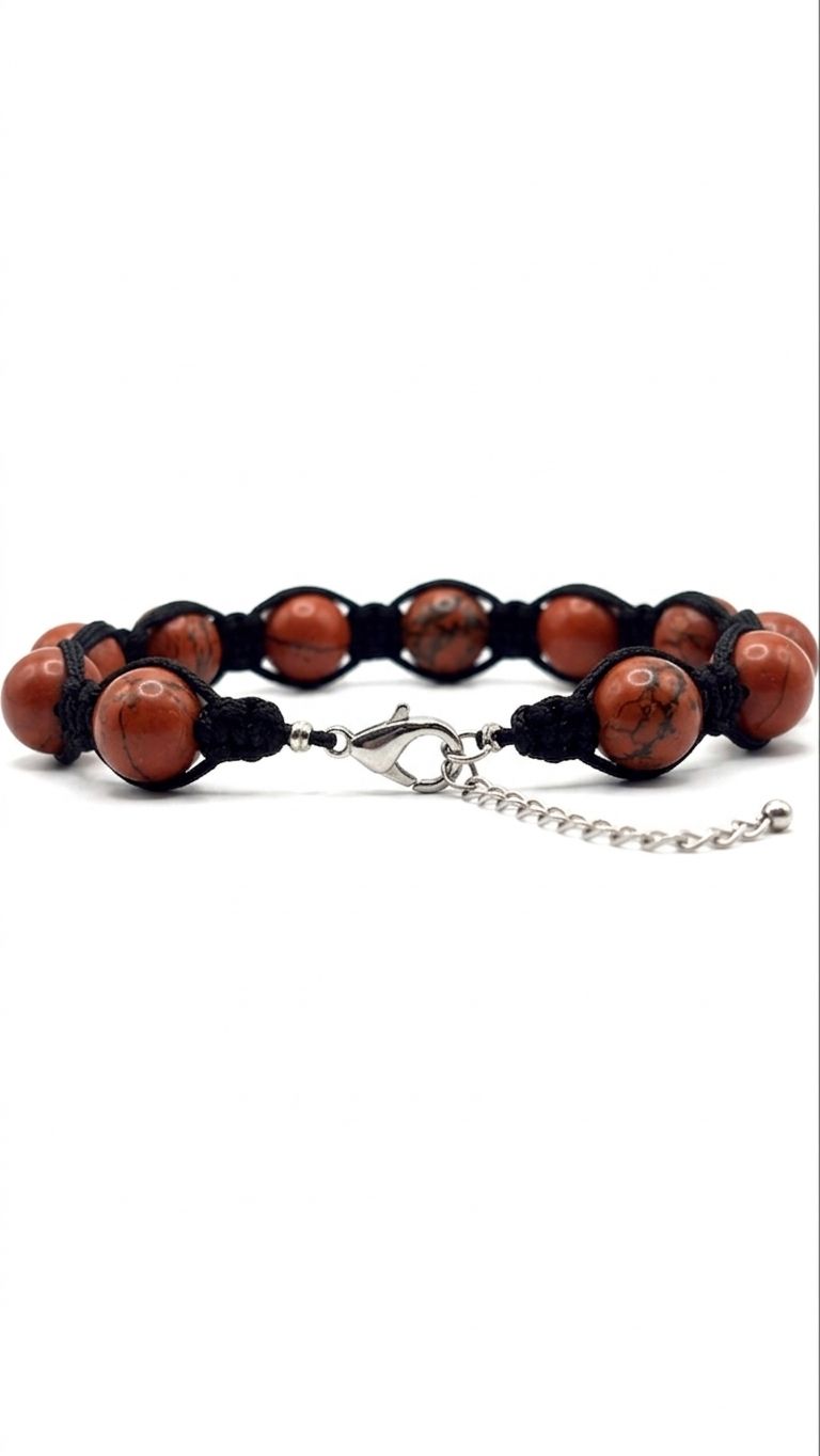 Pulsera de Jaspe Rojo 8 mm con Tejido Trenzado y Broche de Acero Inoxidable Ajustable