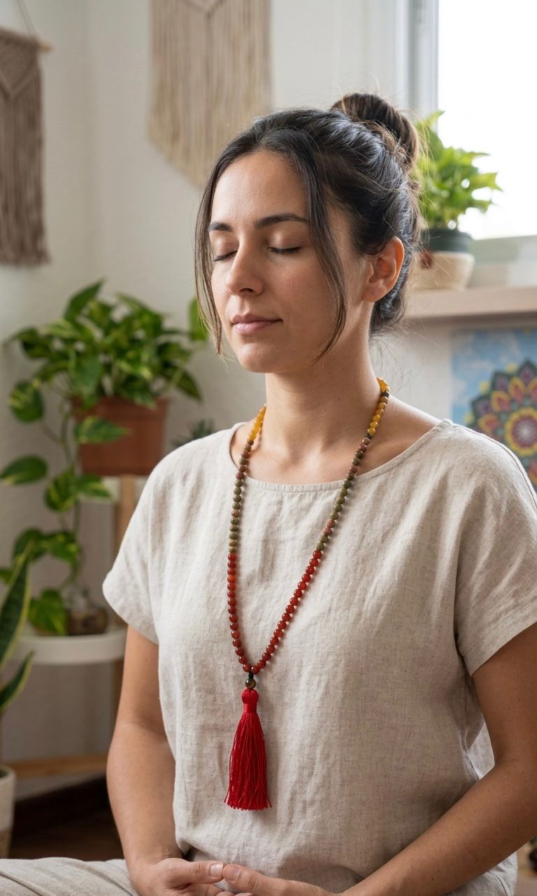 Japamala de Cornalina, Ágata Amarilla y Unakita con Piedra Guru de Ojo de Tigre y Borla Roja