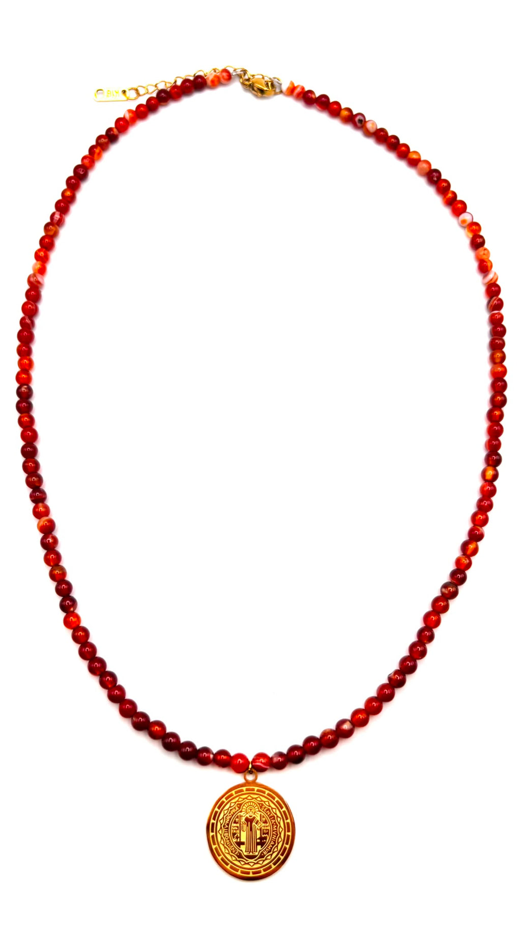 Collar de Cornalina Natural 4 mm con Medalla de San Benito Dorada – Acero Inoxidable – 55 cm