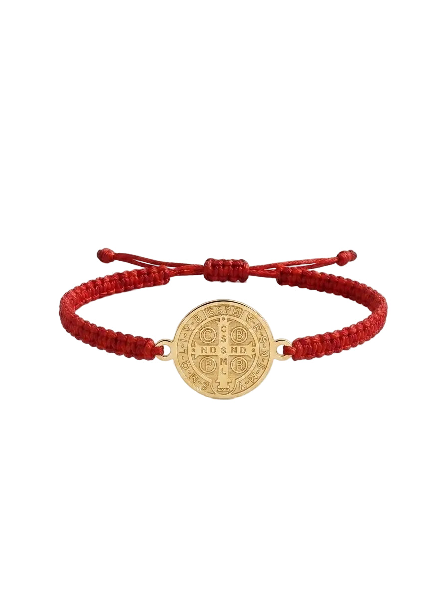 Pulsera de San Benito Roja Ajustable con Medalla de Acero Inoxidable – Protección y Fe