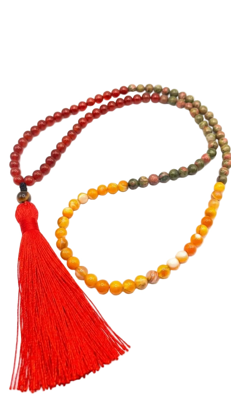Japa Mala Cornalina, Ágata Amarilla y Unakita | Energía y Equilibrio